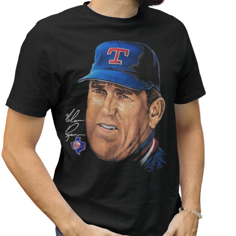 Retro Style Salem 1991 Nolan Ryan Big Face Rangers Baseball Black Shirt